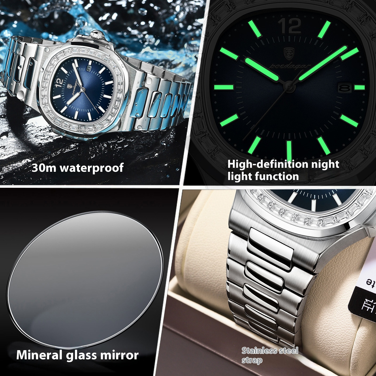 POEDAGAR Men Quartz Watch Diamond Bezel Stainless Steel Band Waterproof Date