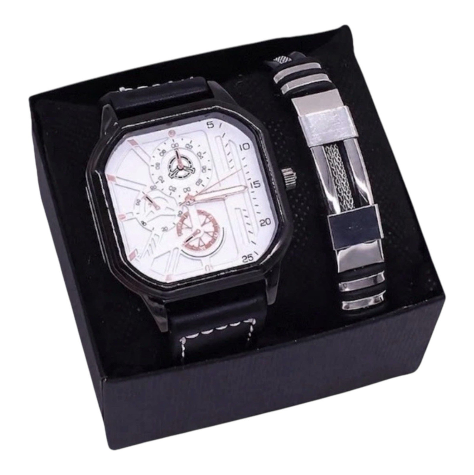 Men’s Square Analog Wristwatch White Dial Black Leather Strap Gift Set Boxed