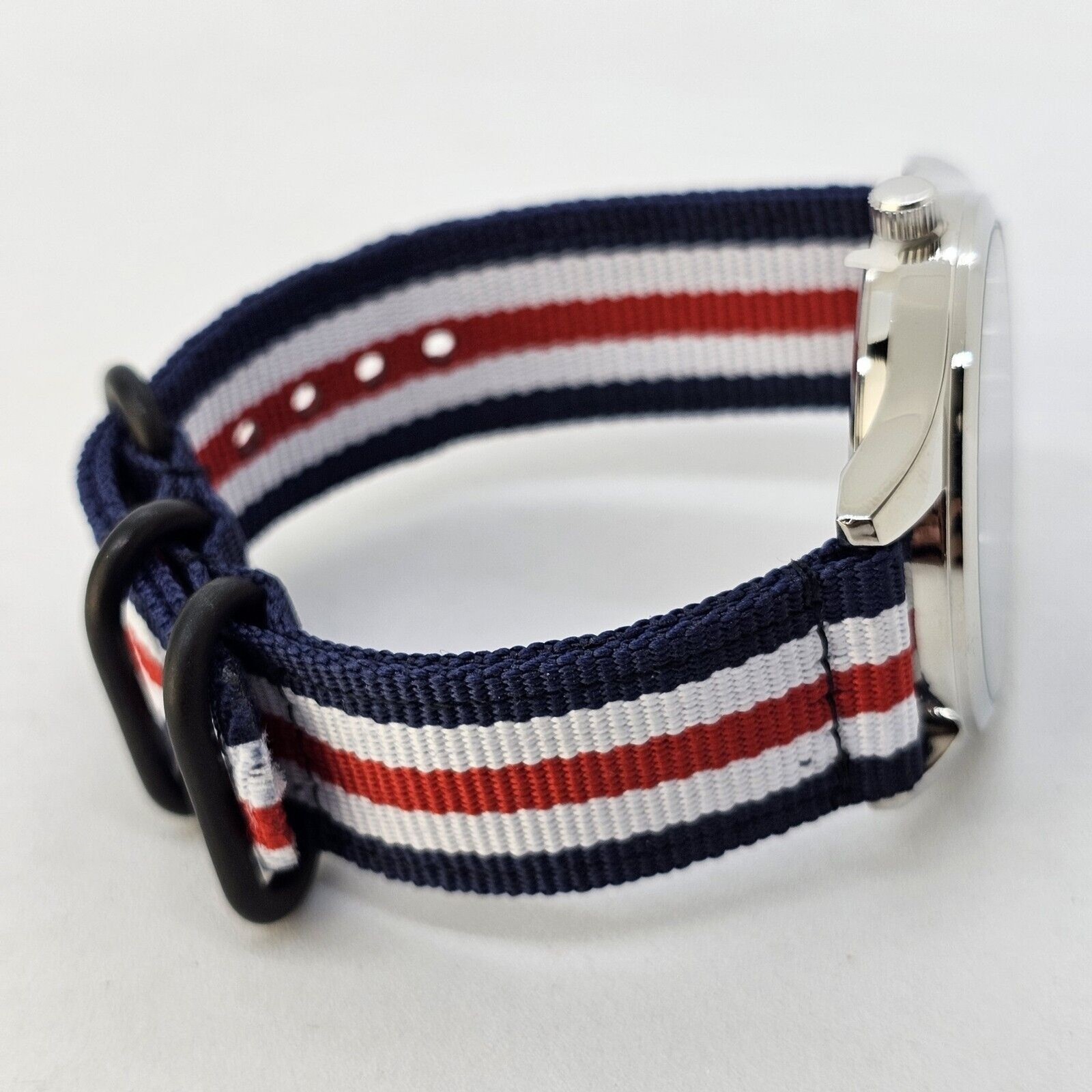 Men’s Field Military Watch 42MM Black Dial Blue White Red Canvas Band Straps