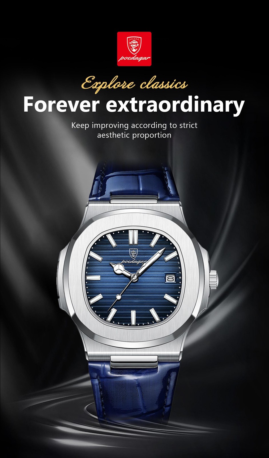 Poedagar Luxury Square Men Watch Date Waterproof Luminous Wristwatch