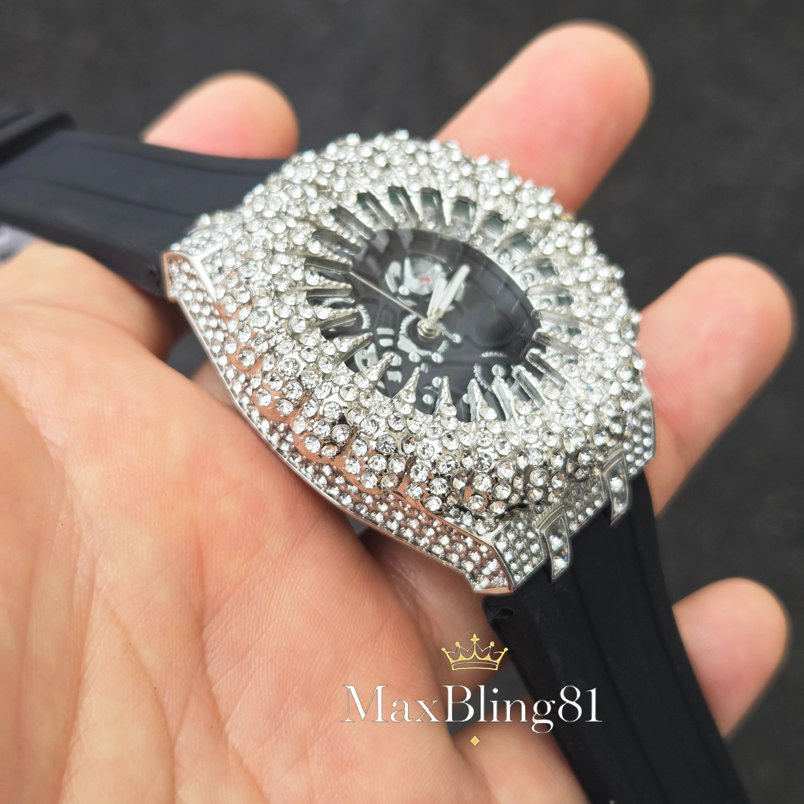 Men’s Watch Monster Teeth Design Silicone Band Unique Iced Out CZ Silicone Band