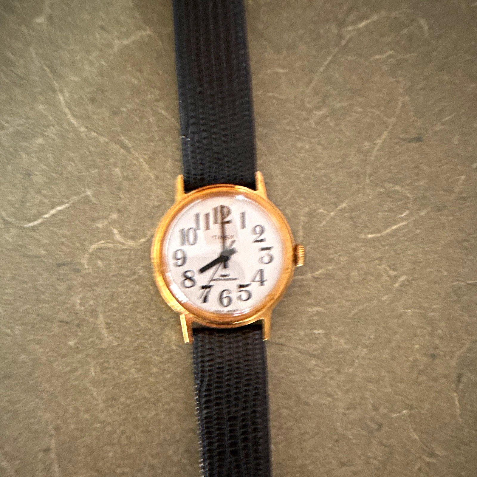 Timex Water Resistant Quartz Analog Watch Gold Tone Case Black Leather Strap