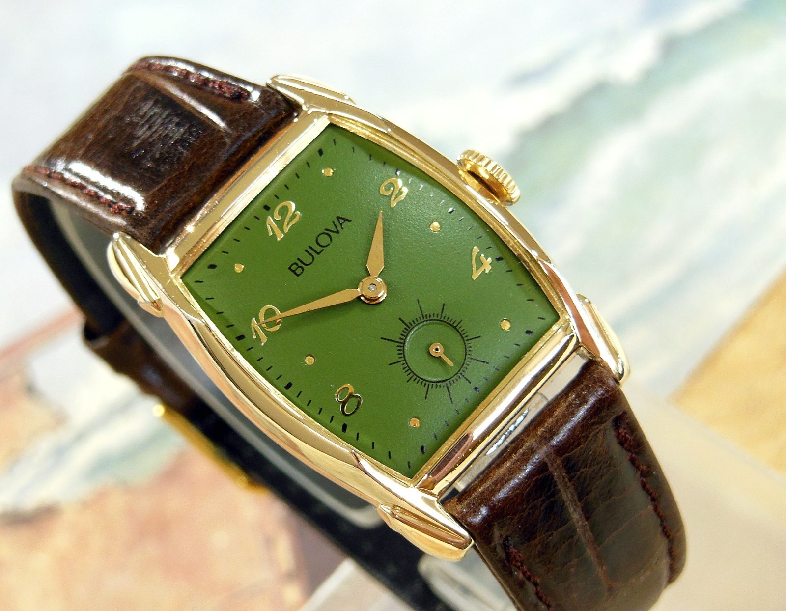 1951 Vintage BULOVA Fancy Case, Stunning GREEN Dial, Serviced & Warranty