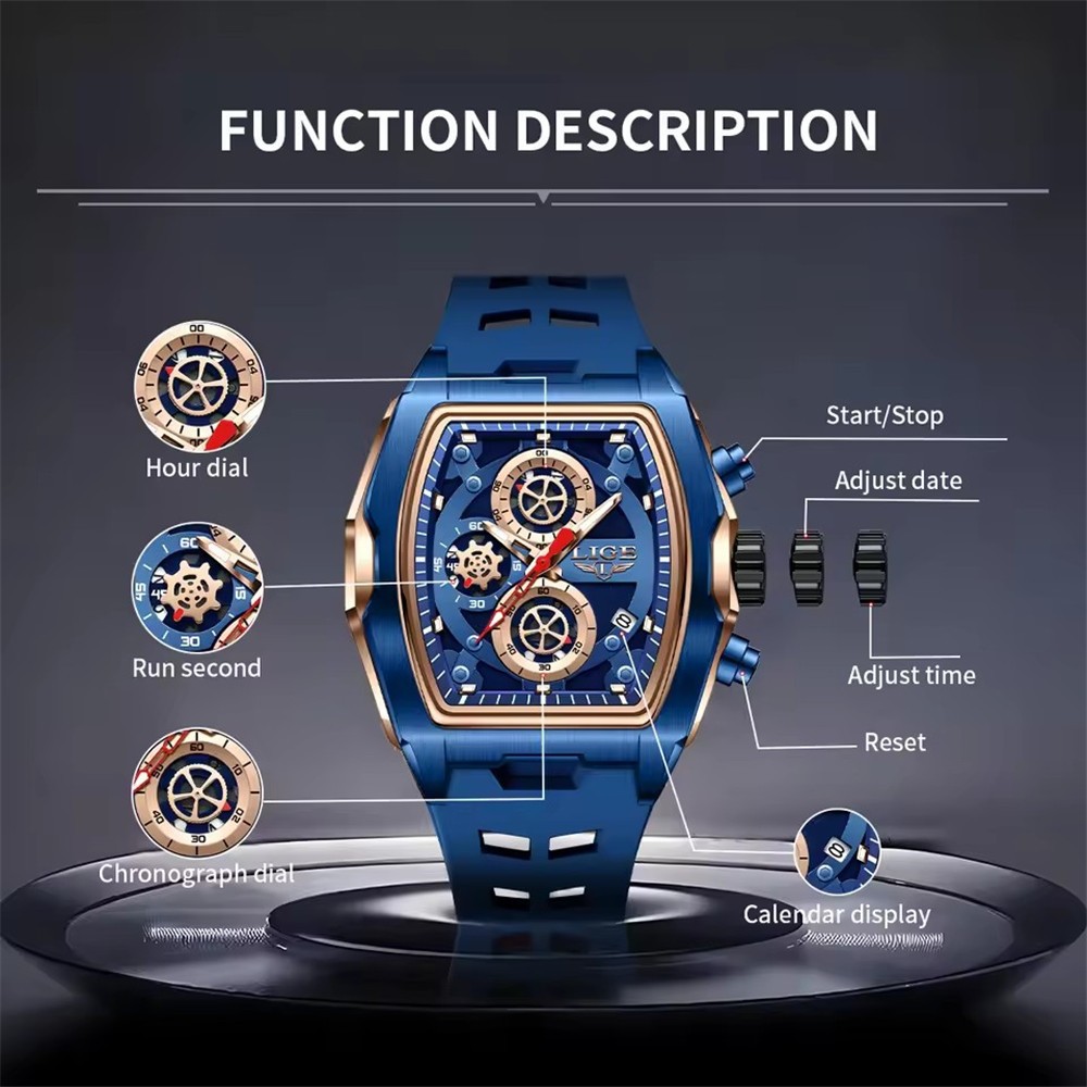 LIGE Men Silicone Watch Rectangle Sport Wristwatch Chronograph Date Male Watches