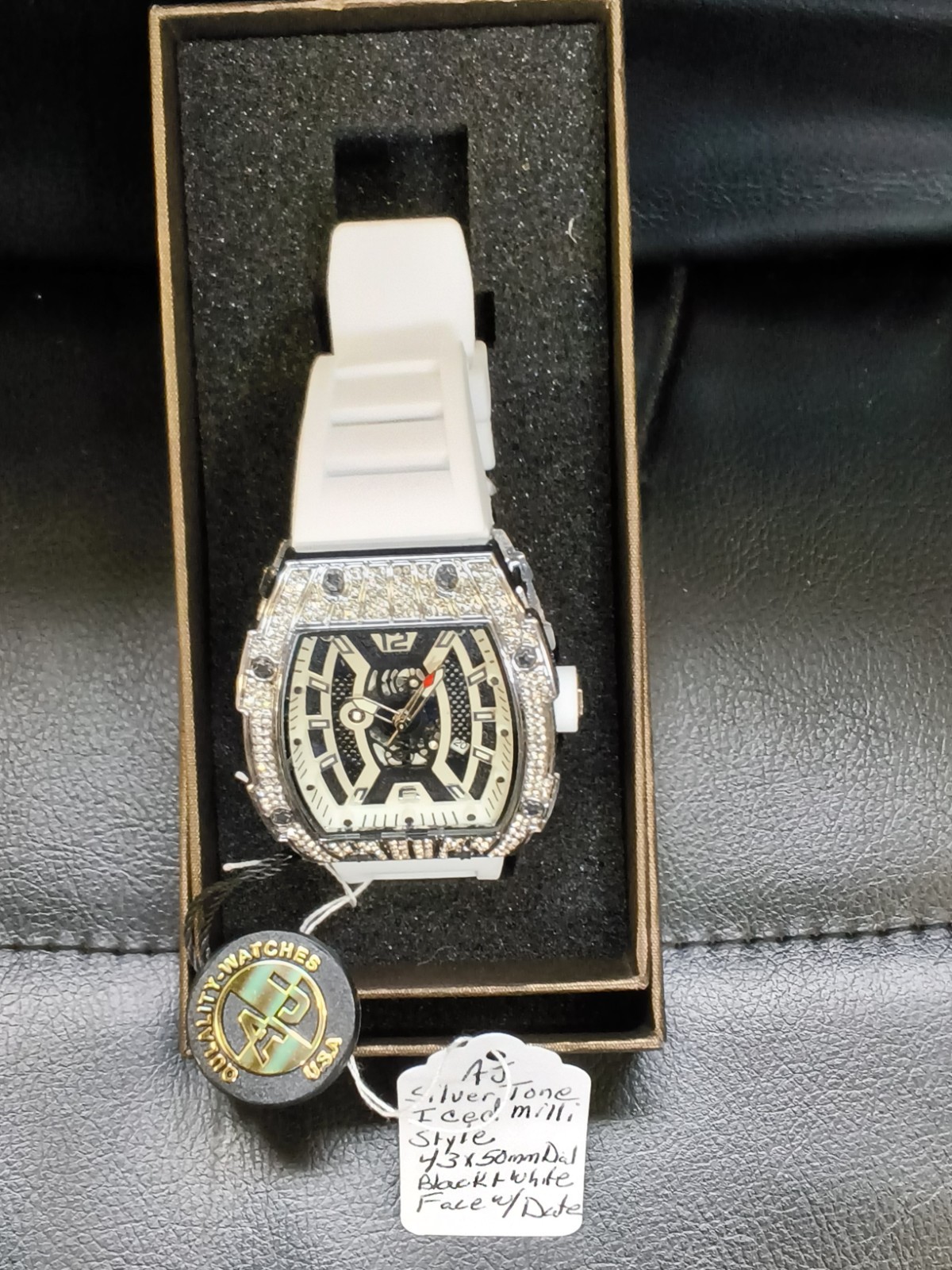 AJ Men’s Iced Silver Tone Skeleton Style Watch White Silicone Band Date…