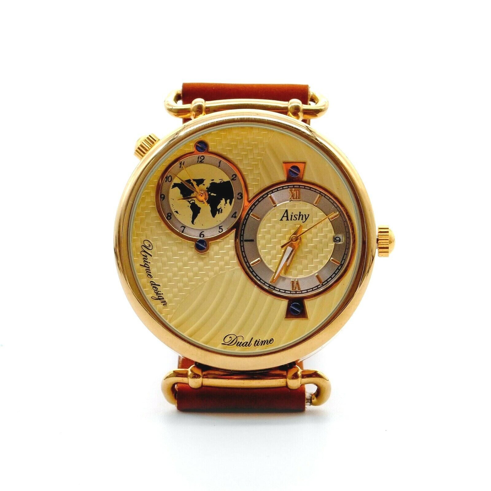World Charterer Unisex Gold Watch Brown Leather Strap Sporty Classic Style