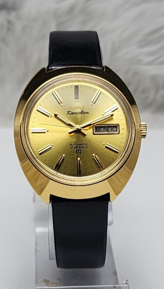 Vintage HMT Kanchan Automatic 21 Jewels Day Date Gold Tone Mens Watch India Rare