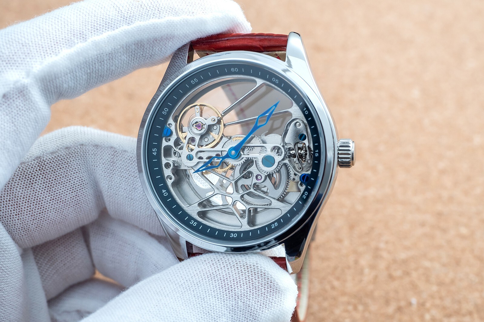 Mens Flywheel Bridge Movement Automatic Mechanical Watch Silver Red Leather Gift