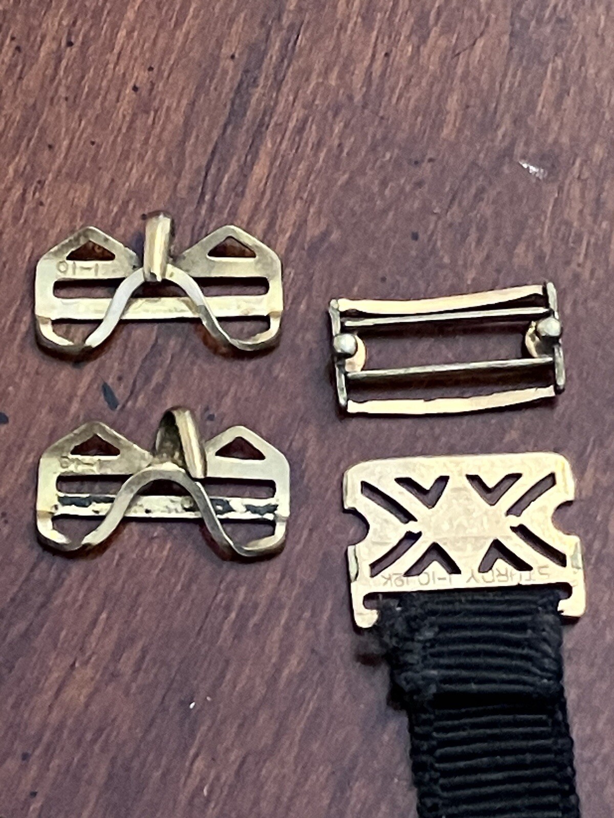 ANTIQUE LADIES ART DECO 4 PIECE RIBBON WATCH BAND SNAP SET GOLD FILLED-JF STURDY