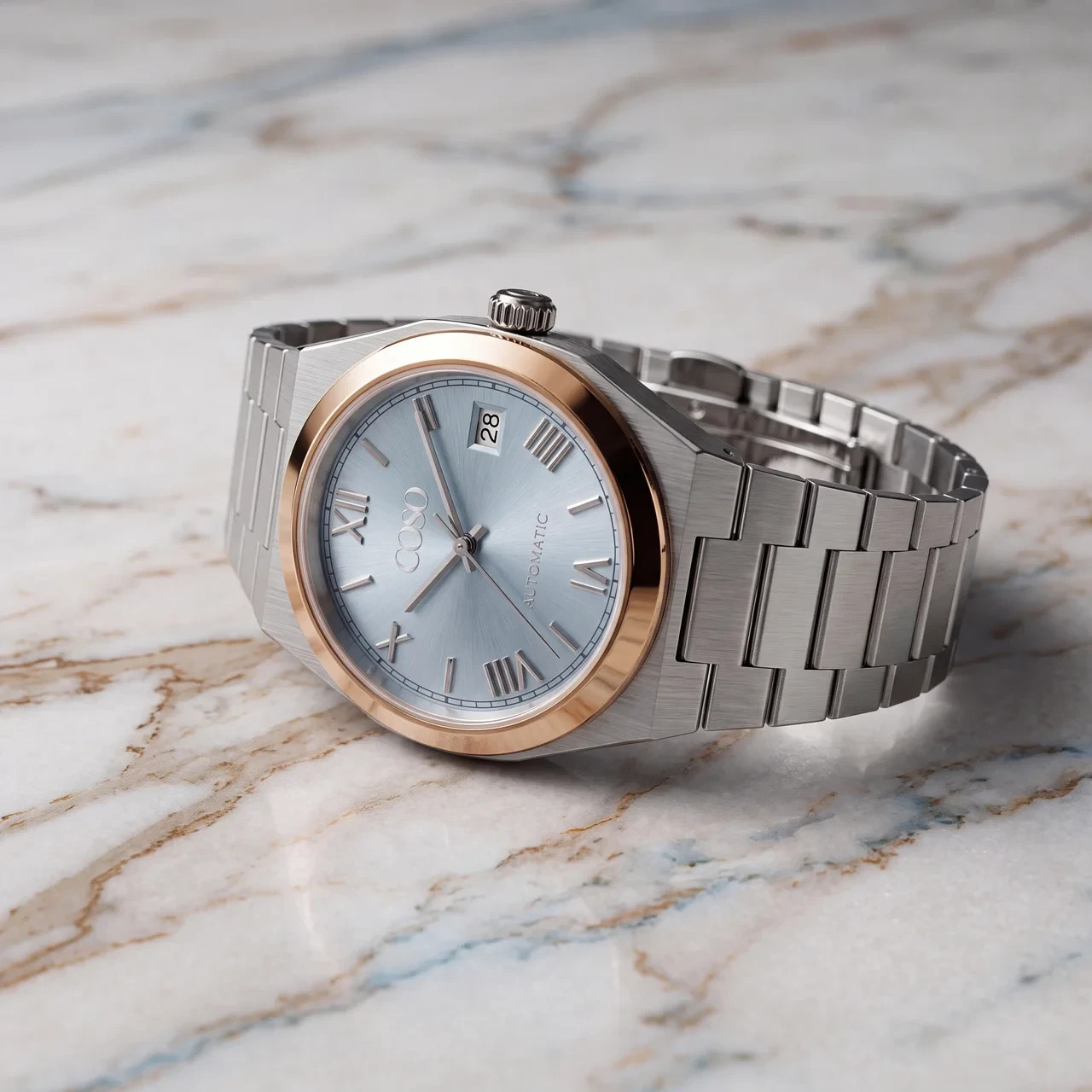 COSO Tolaris Automatic Watch Ice Blue Dial Rose Gold Bezel Roman Numerals