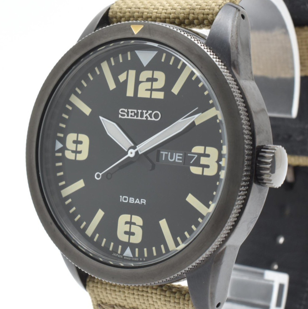 SEIKO 6N43-00E0 Military Style Quartz Men’s Watch Black Dial 10BAR Japan Used