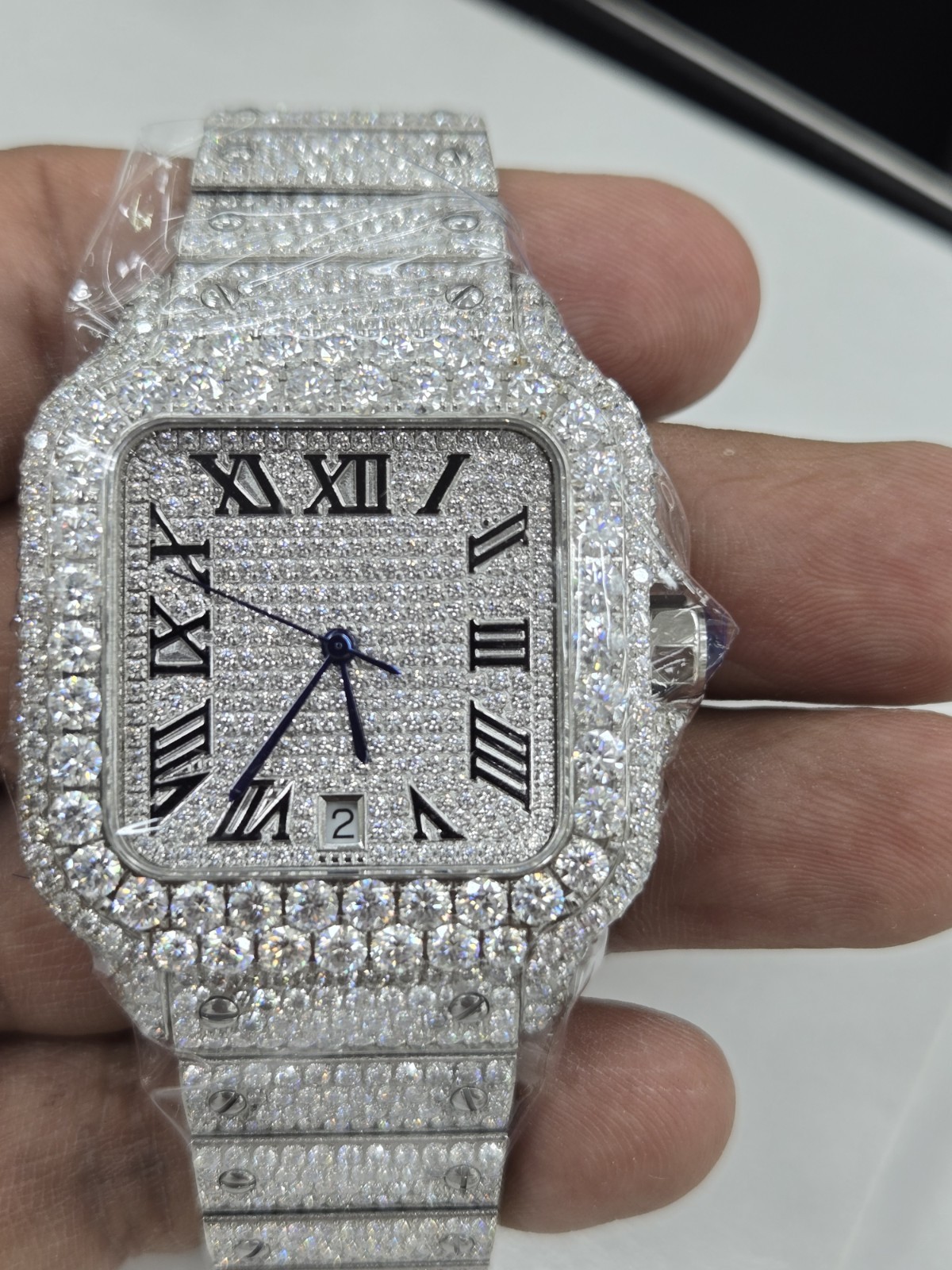 Moissanite Watch, St.Steel Case & Band Full Rhodium Color Buckle,Brand New w/Box