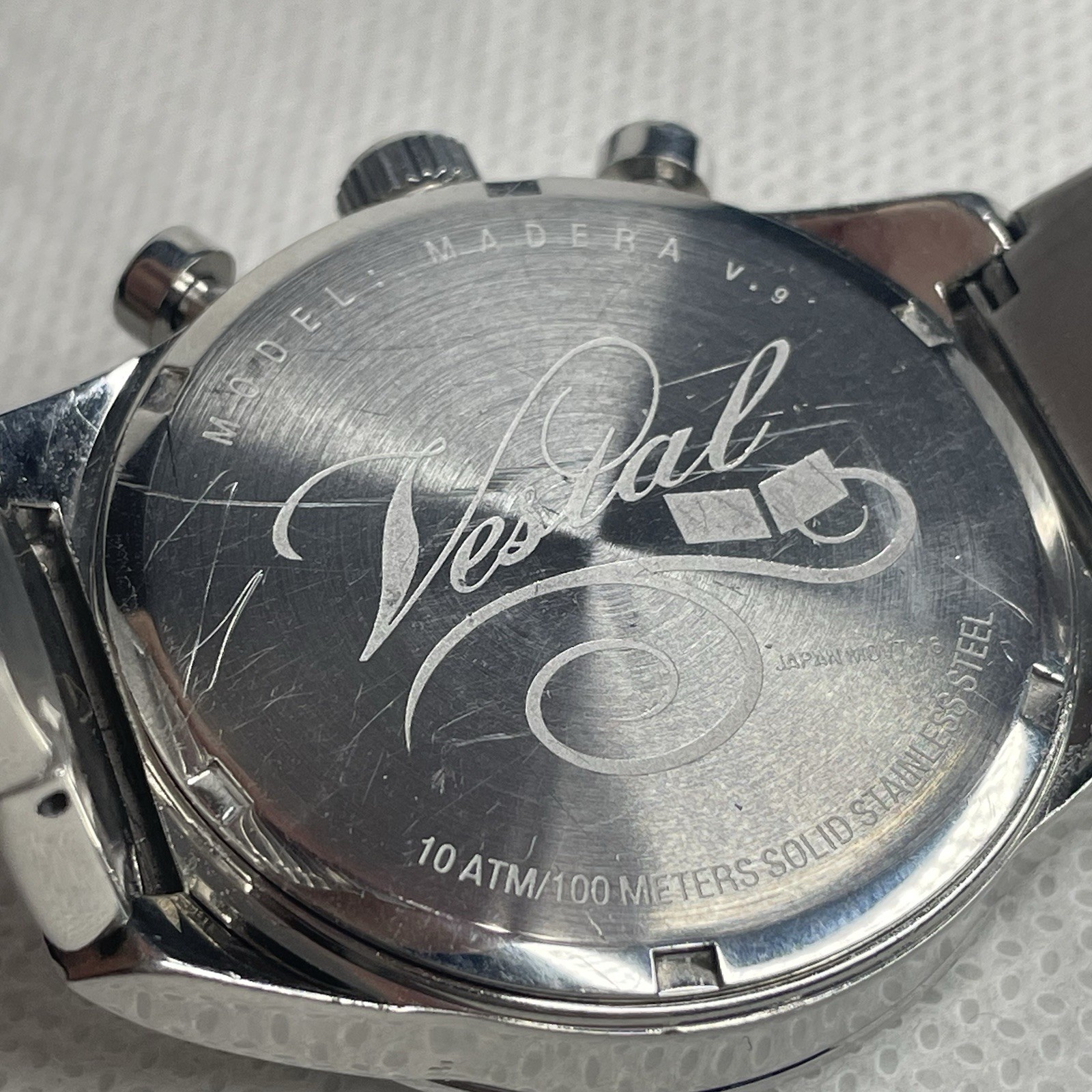 Vestal Madera V•9 Chronograph Date Watch Small 6” Wrist Chrome on Steel New Batt