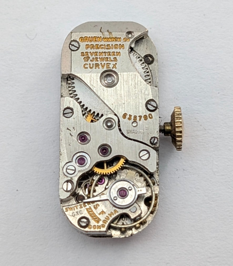 GRUEN Precision Curvex Conoruma 17j Vintage 10mm Watch Movement PARTS or REPAIR