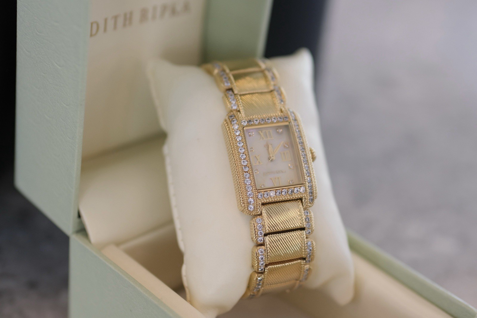 Judith Ripka Gold-Tone Rectangle Quartz Watch Gemstone Bezel/Markers w/ Box