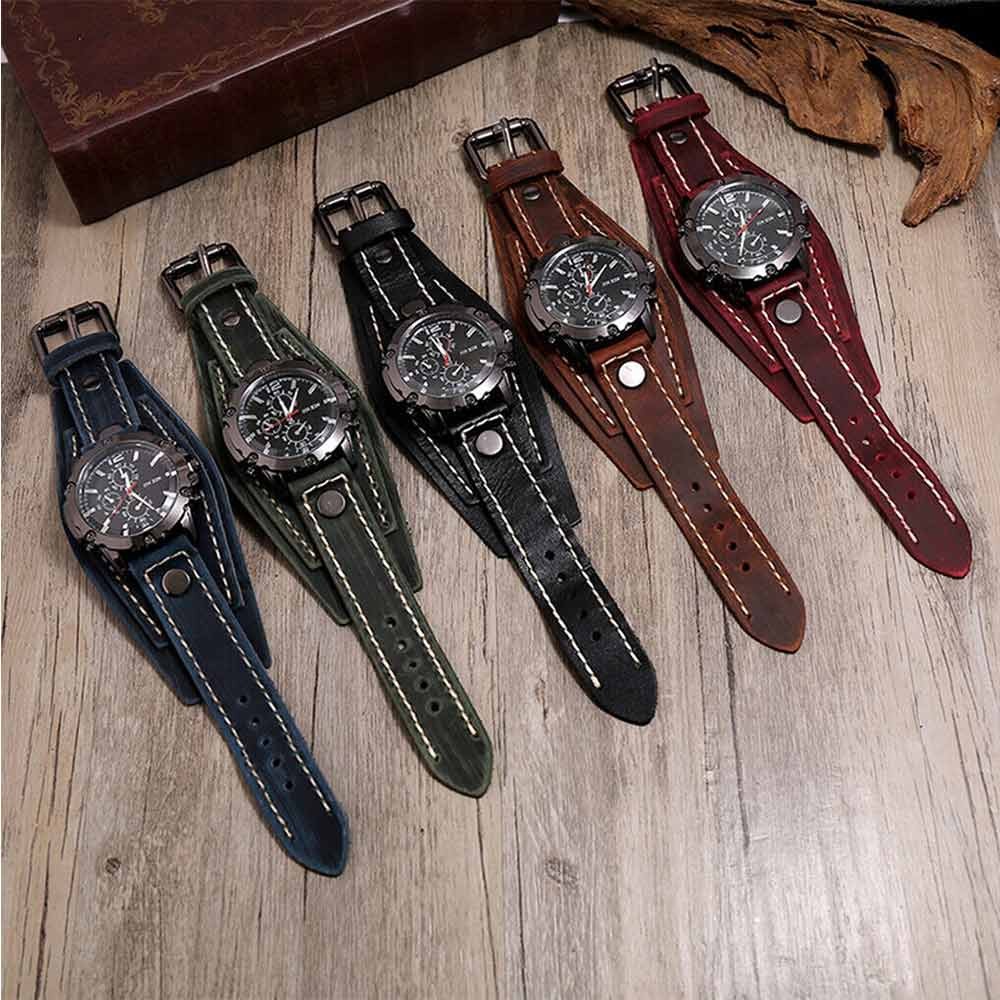 Military Retro PU Leather Strap Watch – Men’s Punk Quartz Cuff Wristwatch