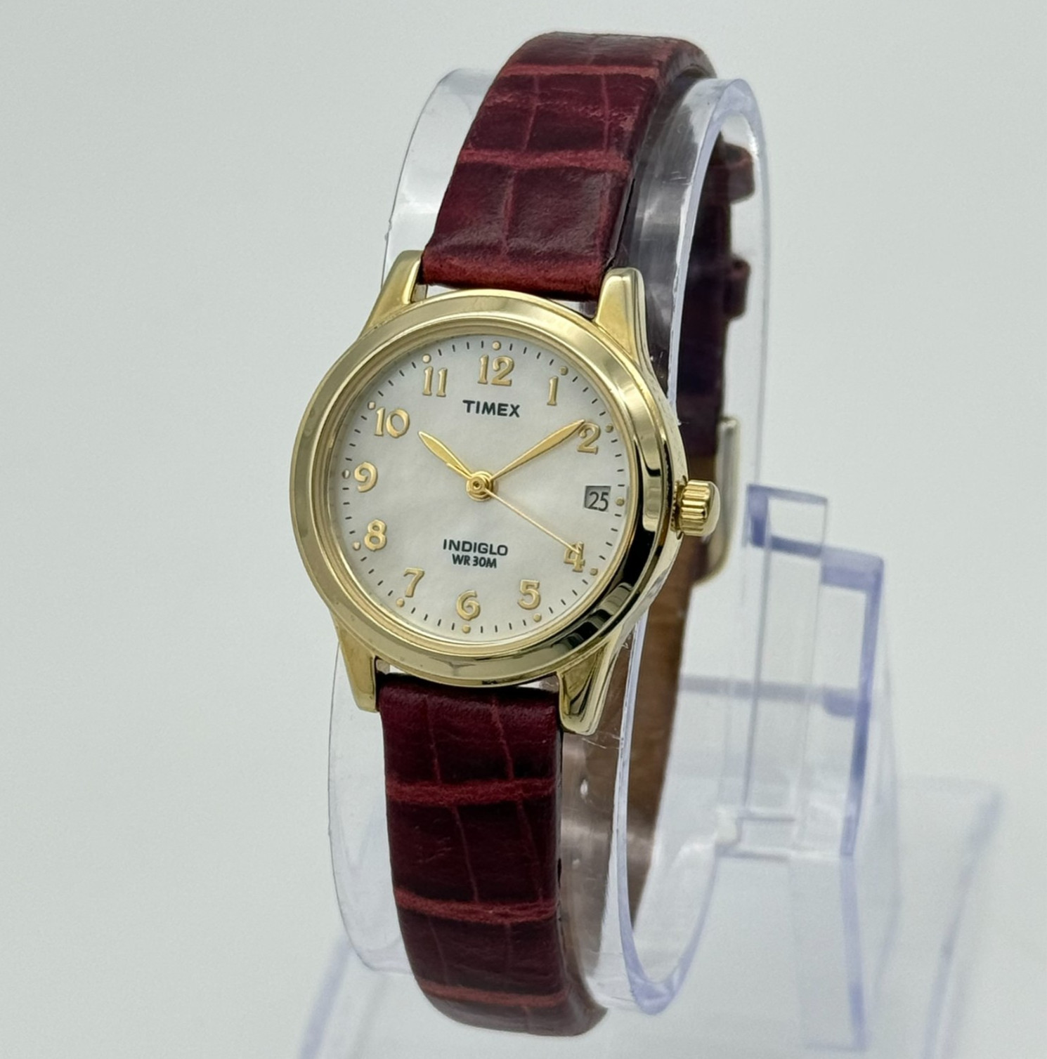 Women’s TIMEX MOP Dial, Gold Tone 25mm Watch, Burgundy Leather Band Runs, T21693