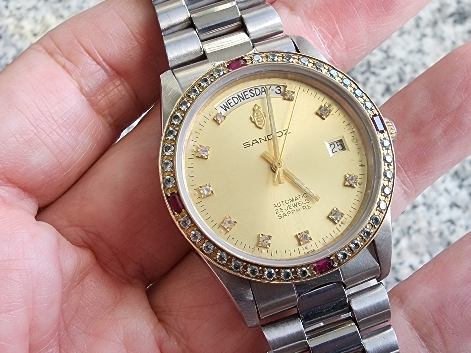 Rare Vintage Sandoz Automatic ETA Movement Gents Gold Dial Day Date Style 2834-2