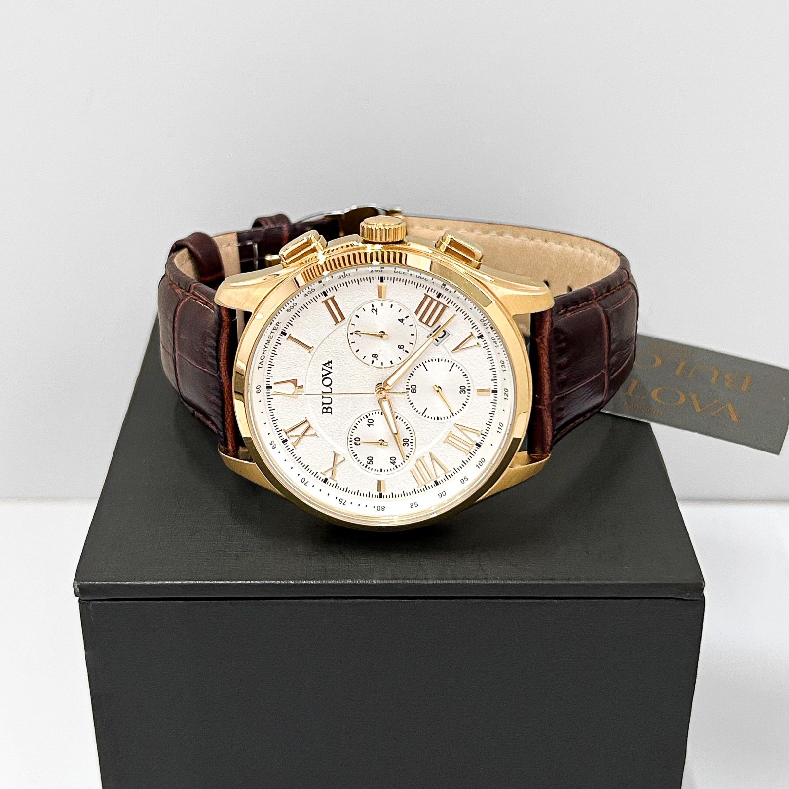 Bulova Men’s Classic Wilton 97B169 White Dial Brown Leather Quartz Watch 46mm