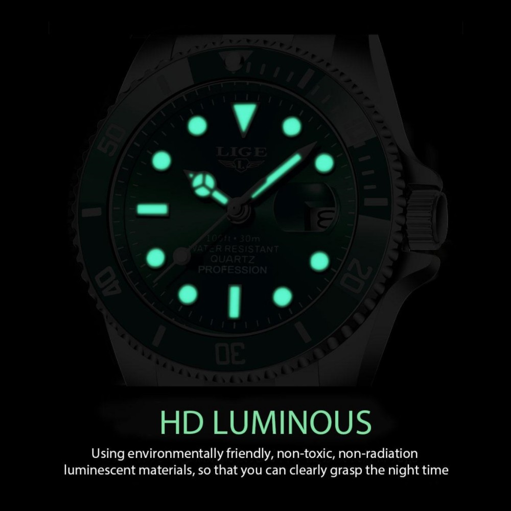 Men Watch Quartz Date Stainless Steel Luminous 3ATM Waterproof Wristwatch Boxed