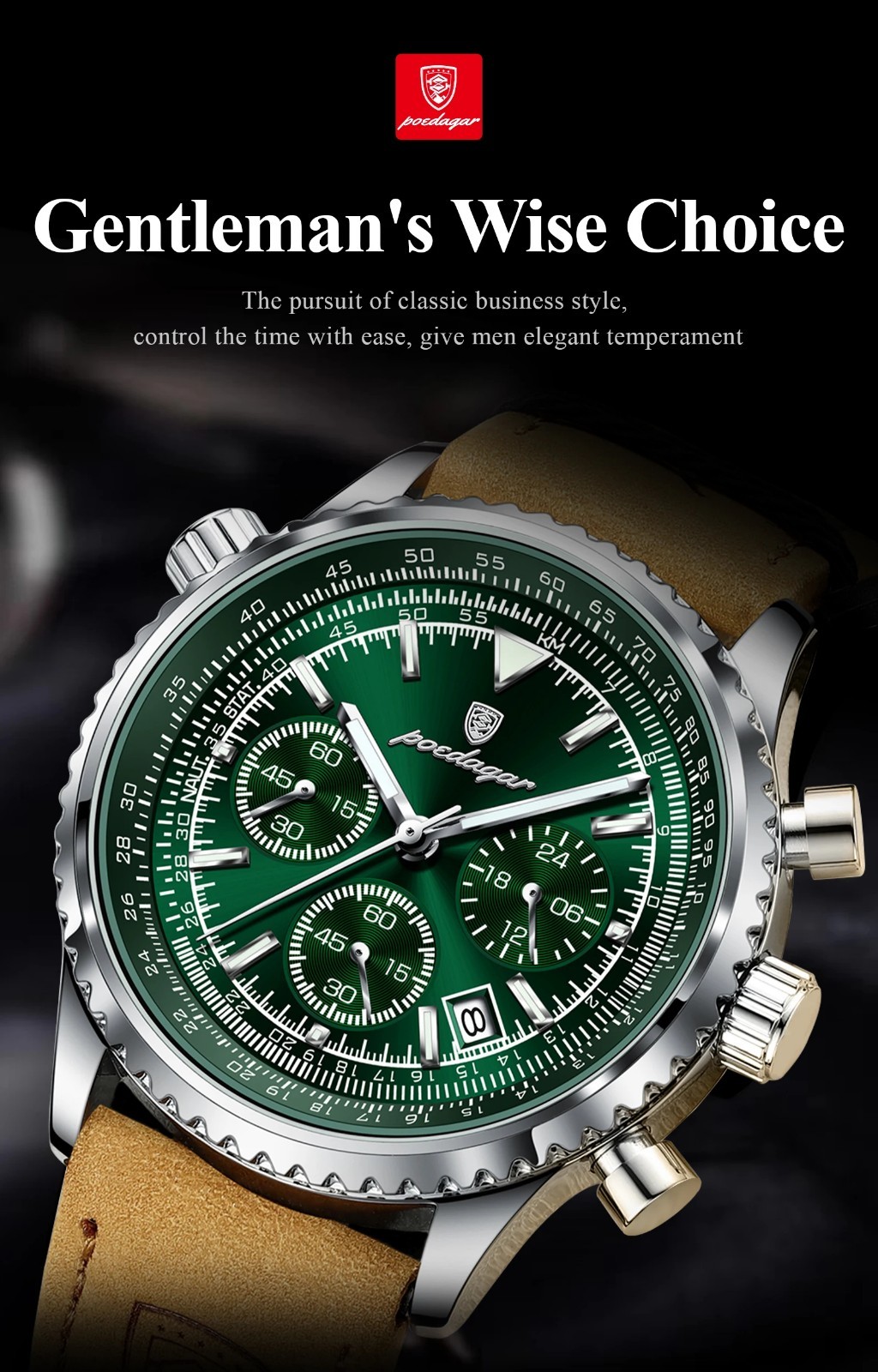 Men Luxury Quartz Watch Waterproof Chronograph Leather Birthday Perfect Gift