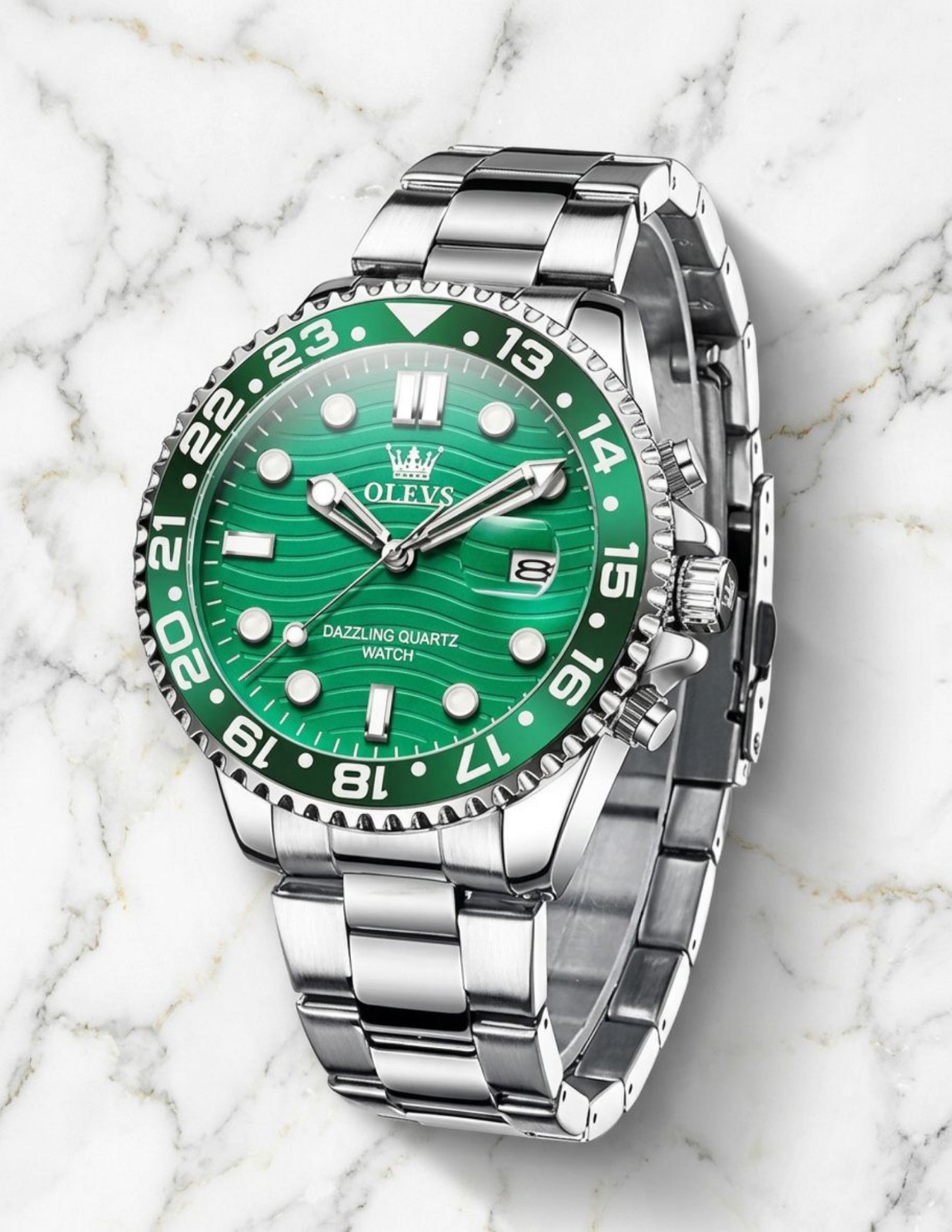 Men’s Waterproof Diver Quartz Silver Bracelet Case Watch Green Dial Bezel Olevs