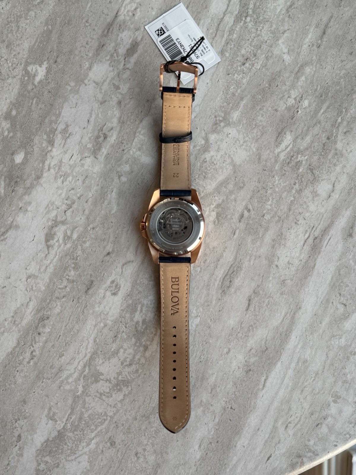 Bulova Sutton Men’s 43mm Automatic Skeleton Dial Rose Gold/Blue Leather w/ Box