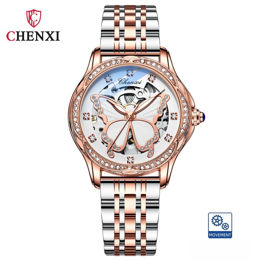 CHENXI Women’s Butterfly Dial Hollow Out Zircon Automatic Mechanical Wristwatch