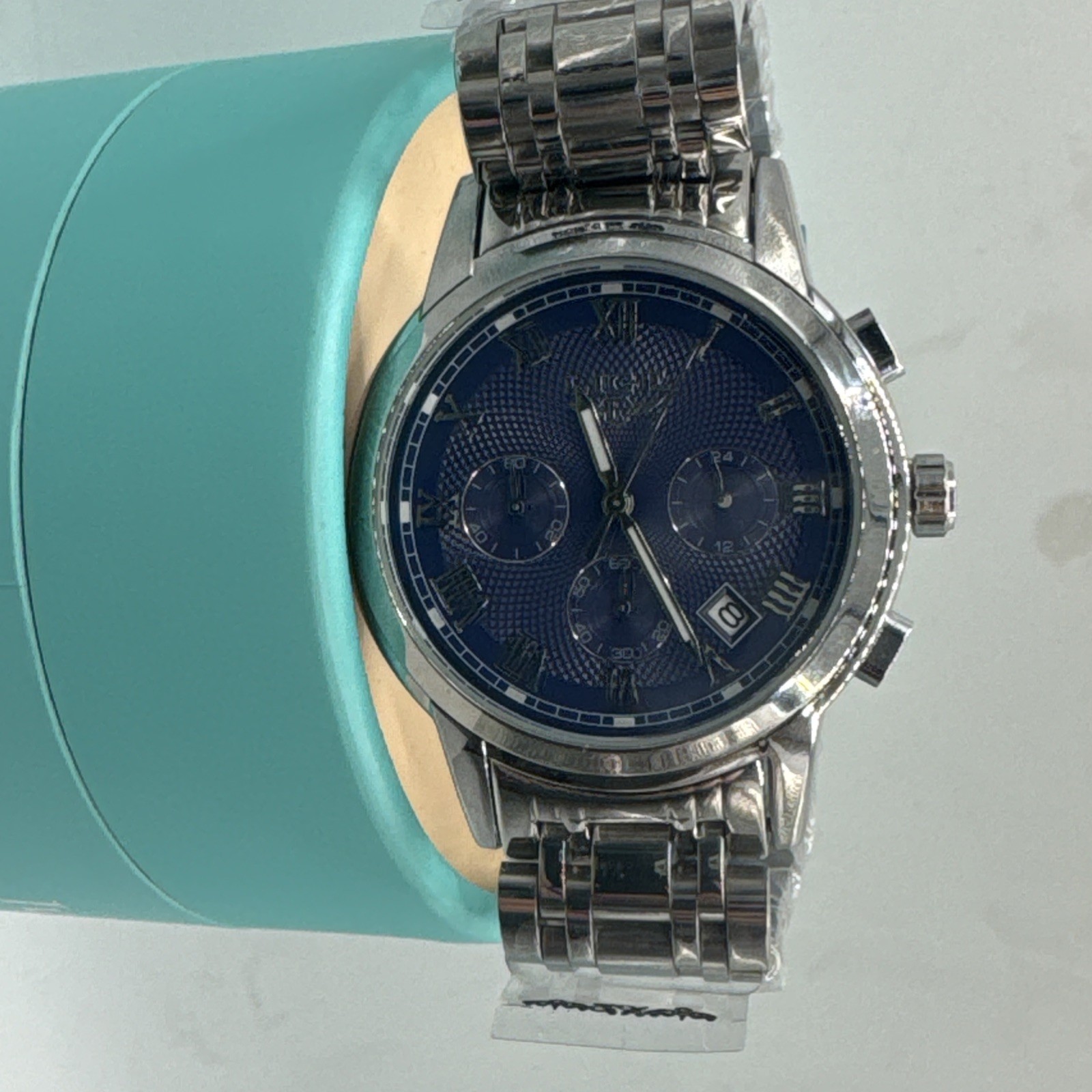 Lige 42mm Silver Tone Blue Dial Quartz Chrono Date Watch w/Bracelet New R