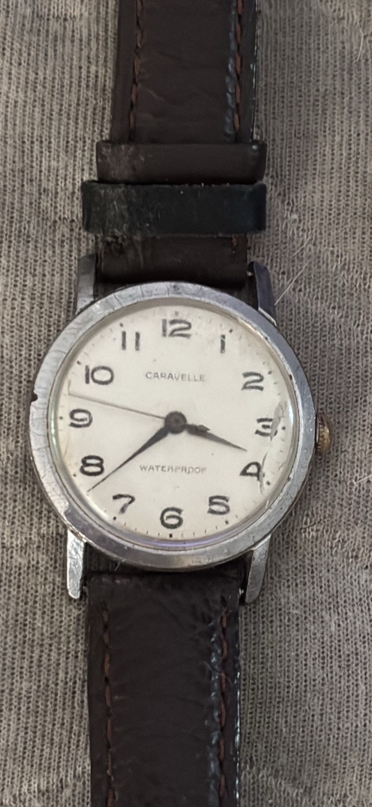 Caravelle Waterproof Manual Wind Watch 32mm SS Silver, Brown Leather, White Dial
