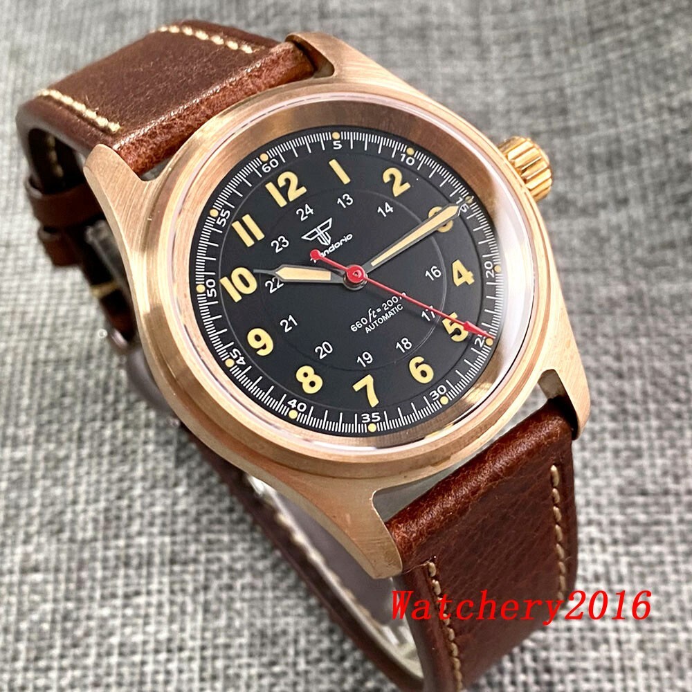 36mm 20ATM Tandorio Pilot Miyota 8215 Bronze Automatic Men Watch Green luminous