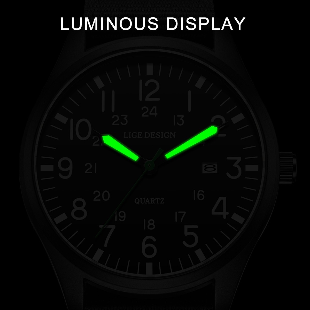 LIGE Men Watch Quartz 24Hours Nylon Band Luminous Waterproof Casual Wristwatch