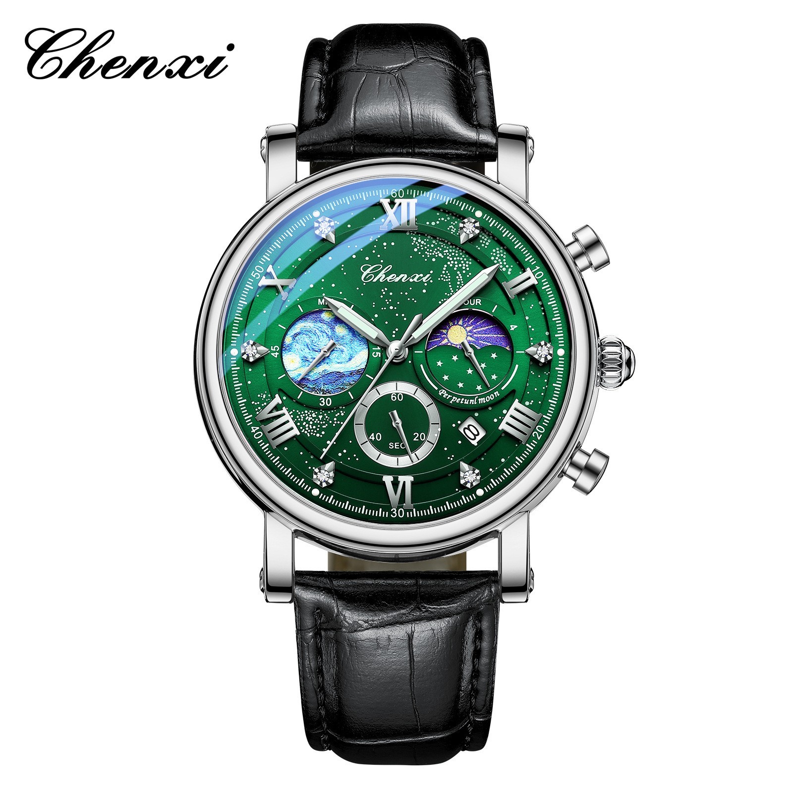 CHENXI Men’s Luminous Dial Calendar Chronograph Moon Phase Business Quartz Watch
