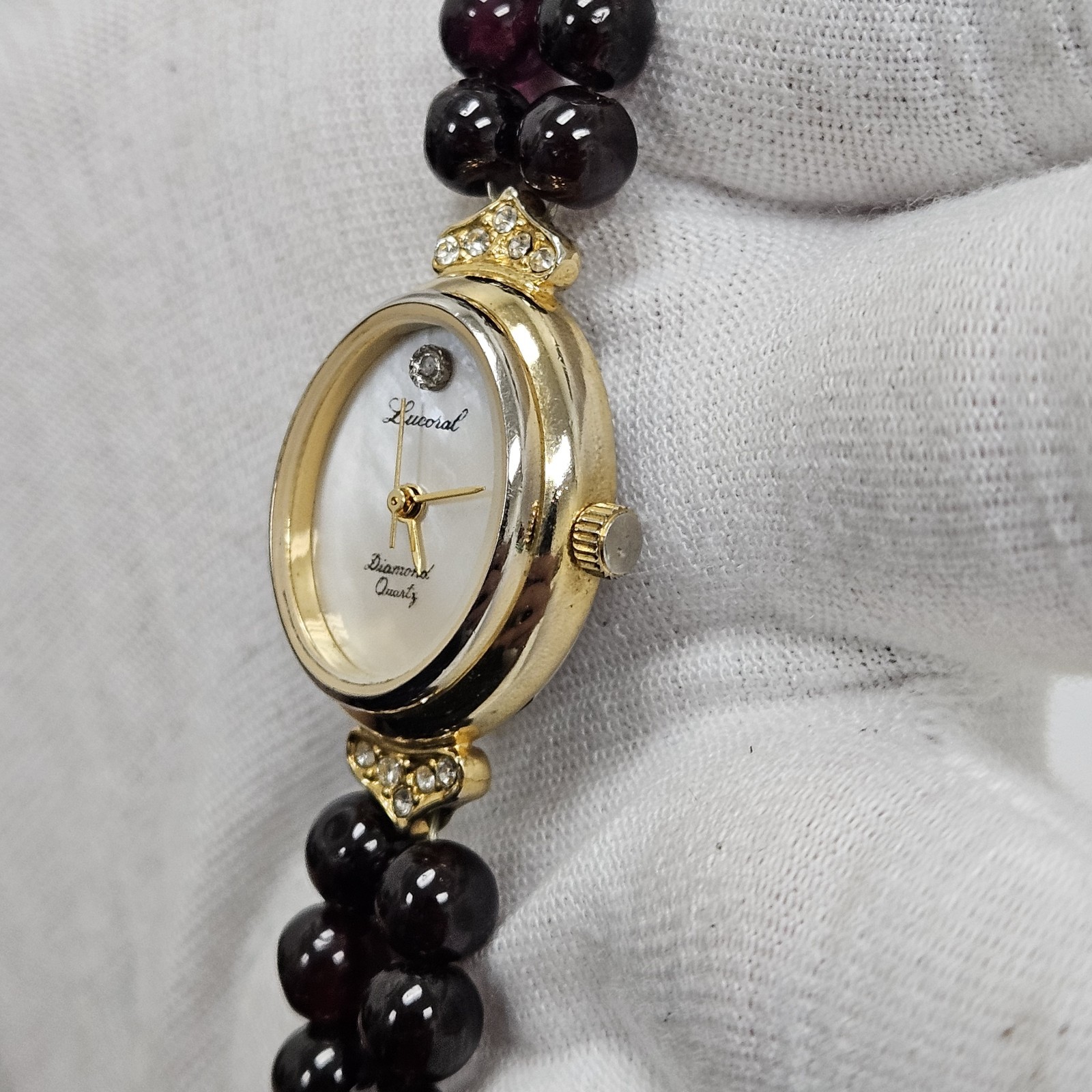 Lucoral Gold Tone Black Beaded Diamond Ladies Cocktail Dress Watch 7 3/4″ Wrist