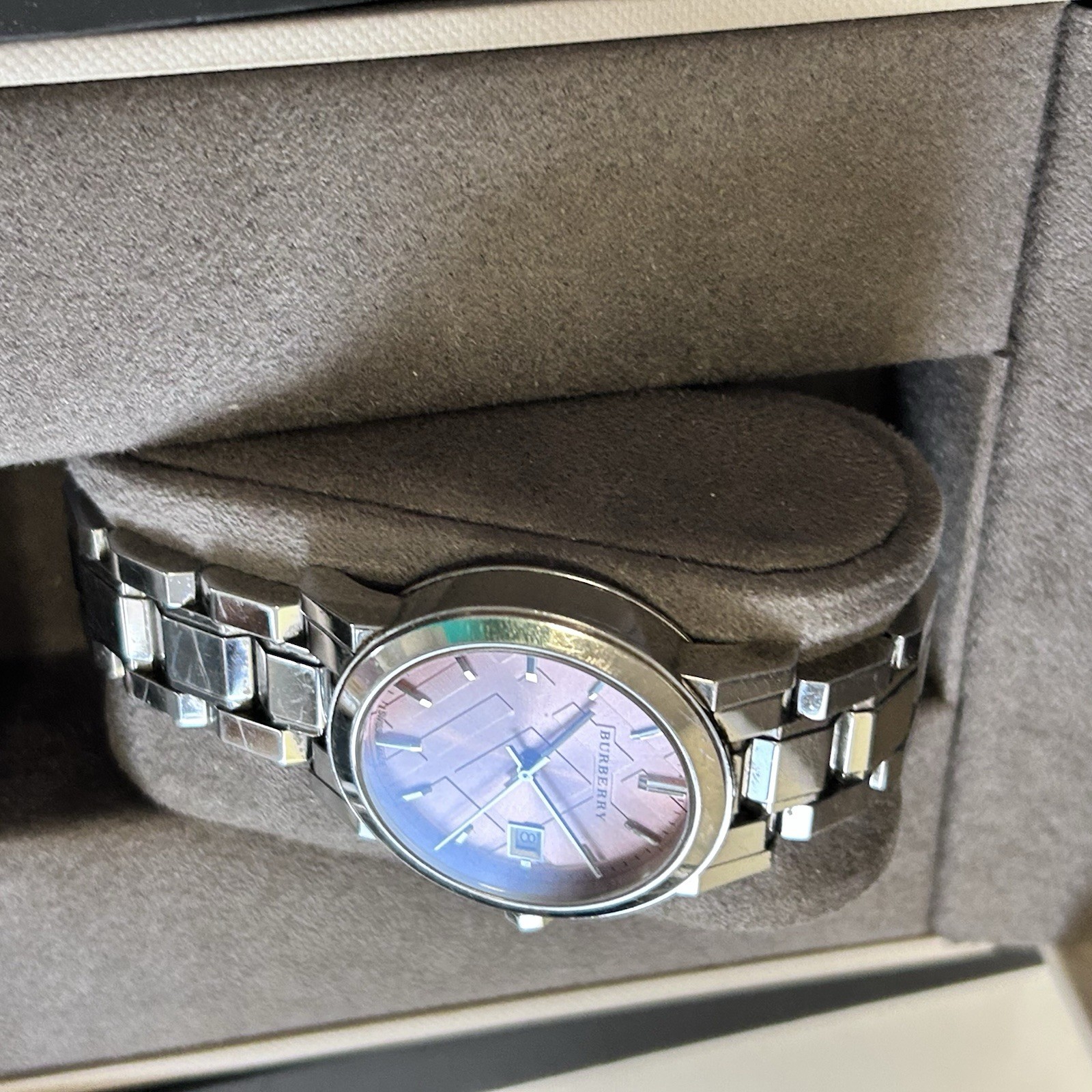 Burberry Pink Dial Silver Watch In Original Box Date Indicator Baton Indexes