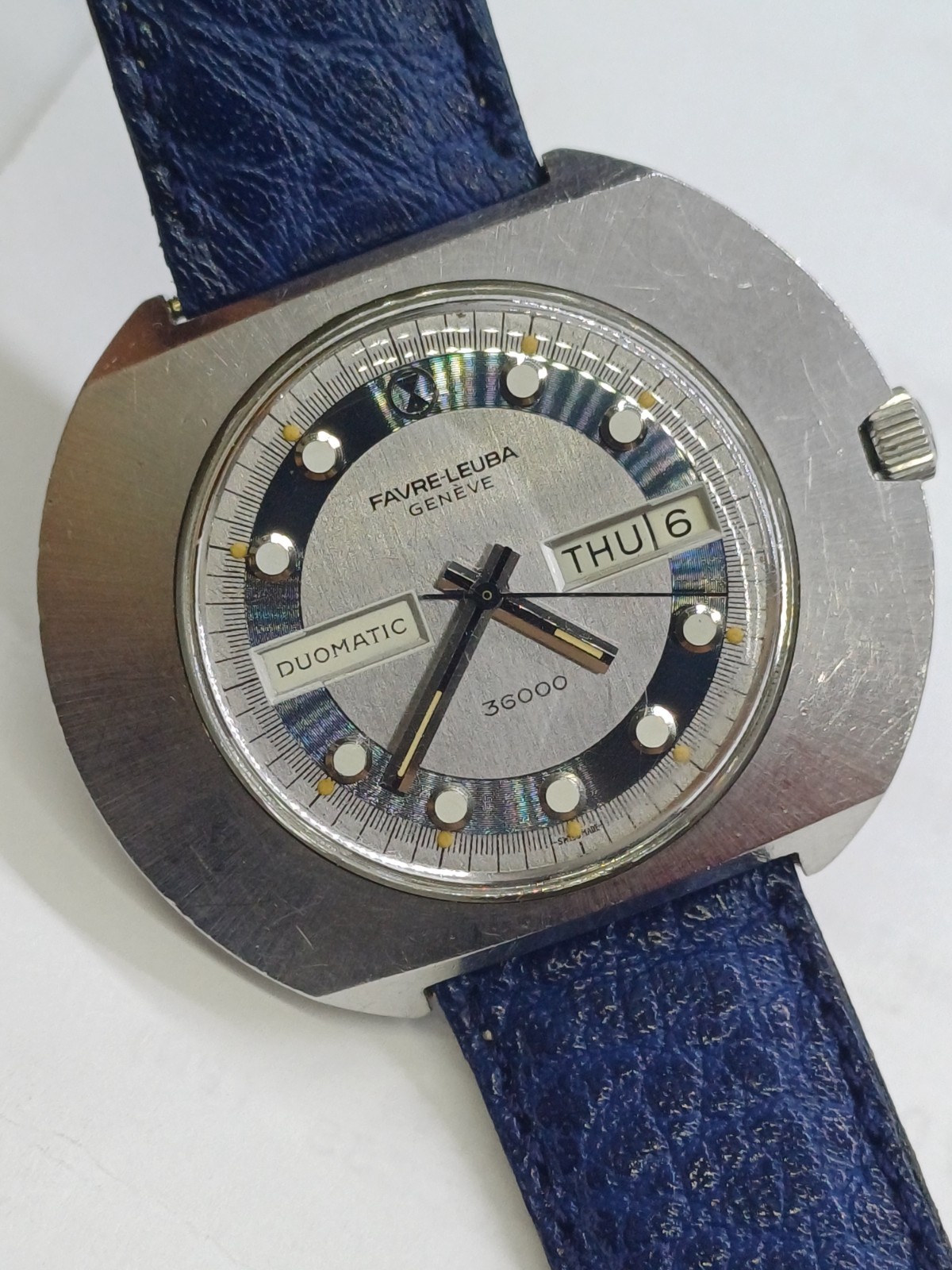 RARE FAVRE LEUBA 36000 HIGH BEAT UFO DUOMATIC MENS BLUE AUTOMATIC WATCH 45MM 21J