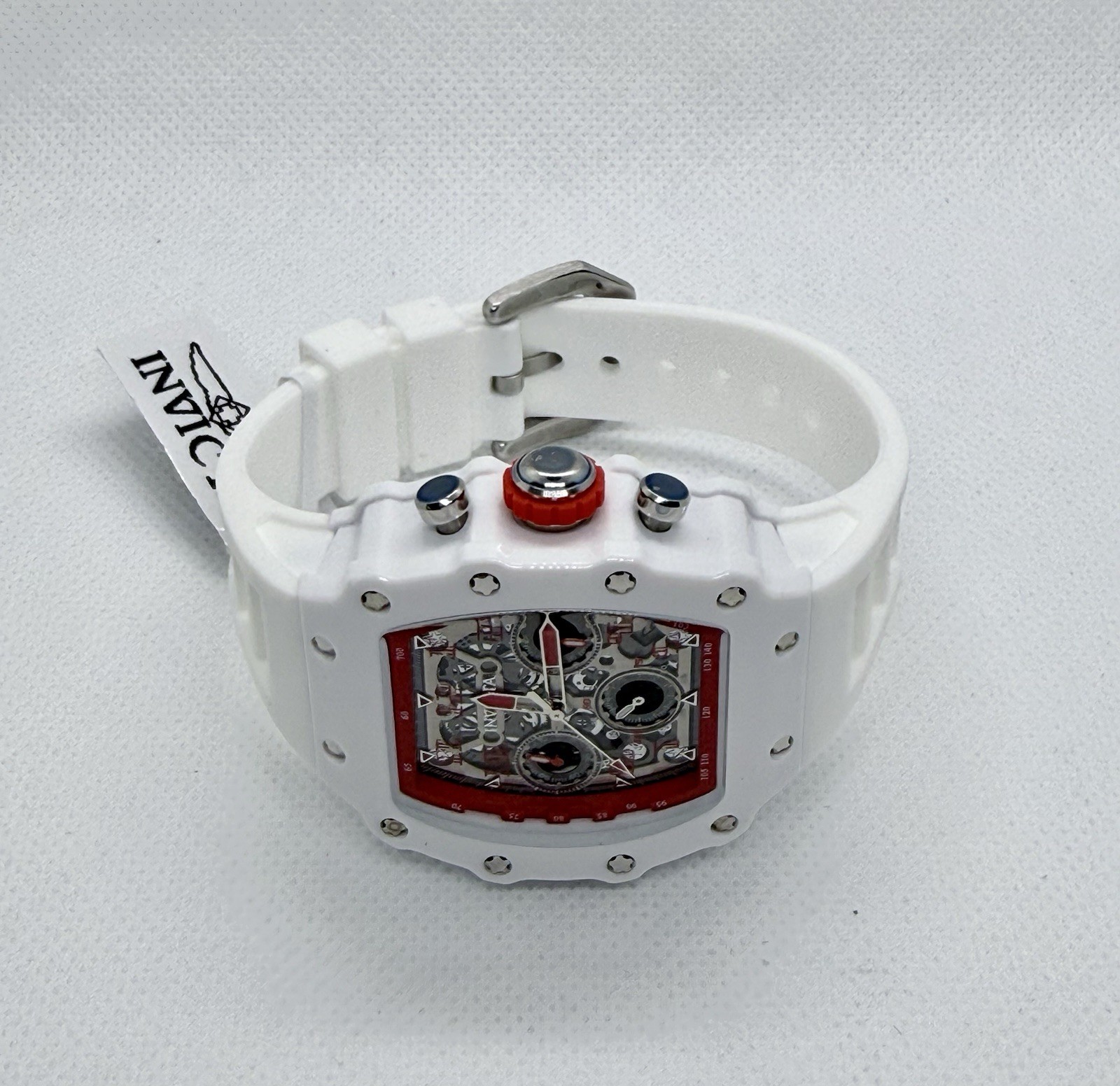 💥Invicta Racing Men’s 44mm Quartz Chronograph Date White Silicone Red Bezel