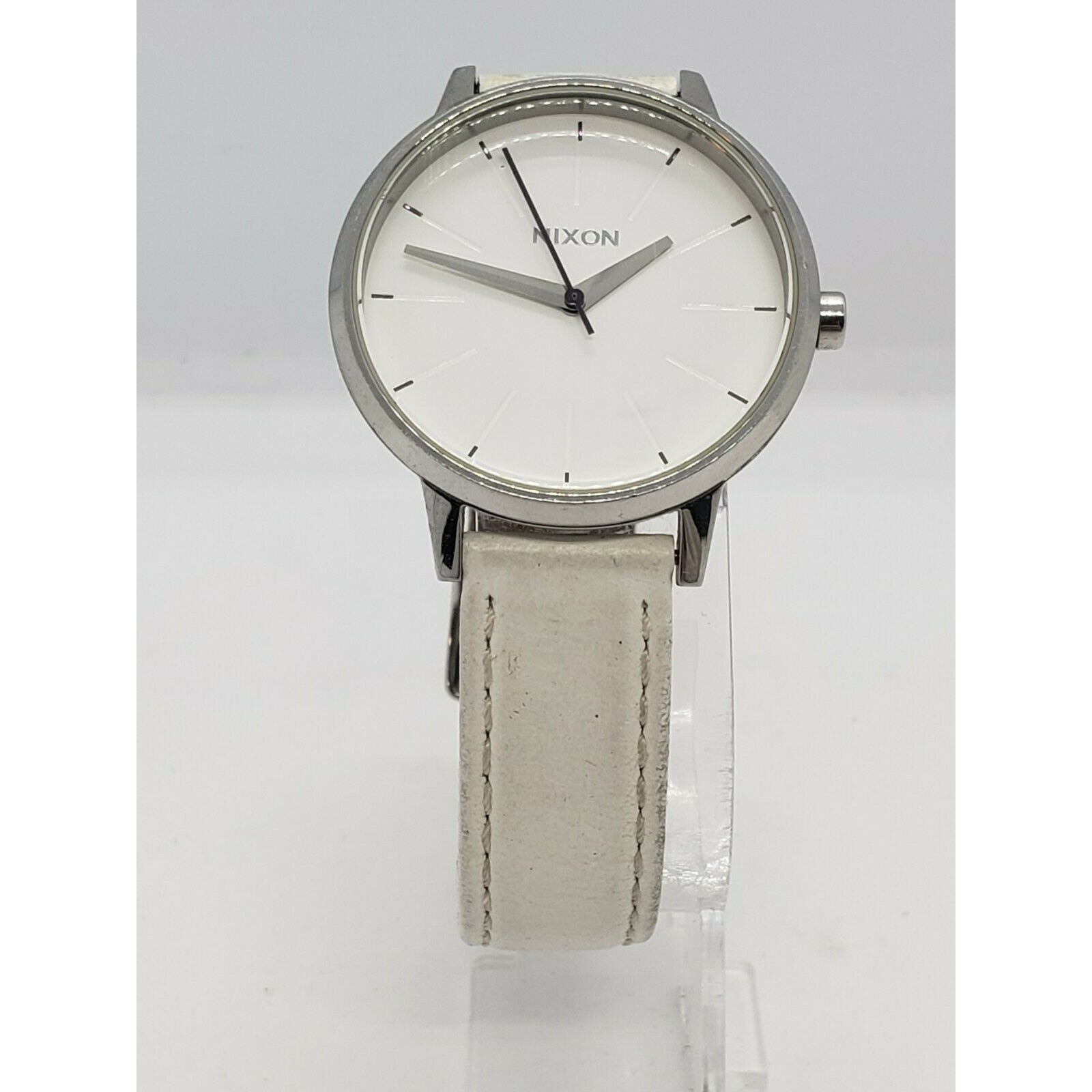 Nixon Moving Out Kengsington Silver Tone Steel Watch with White Leather Band