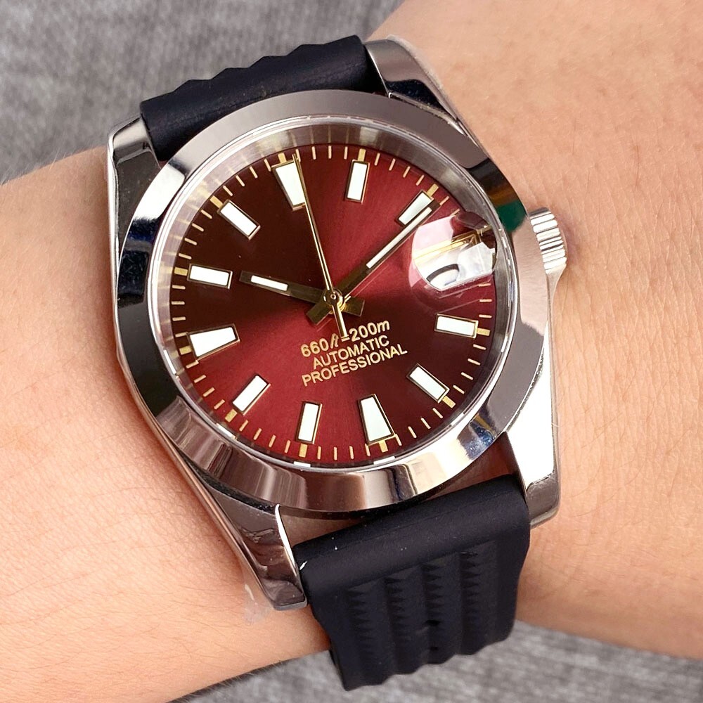 Dark Red 36MM NH35A 20BAR Waterproof Luminous Mechanical Men’s Watch Screw Crown