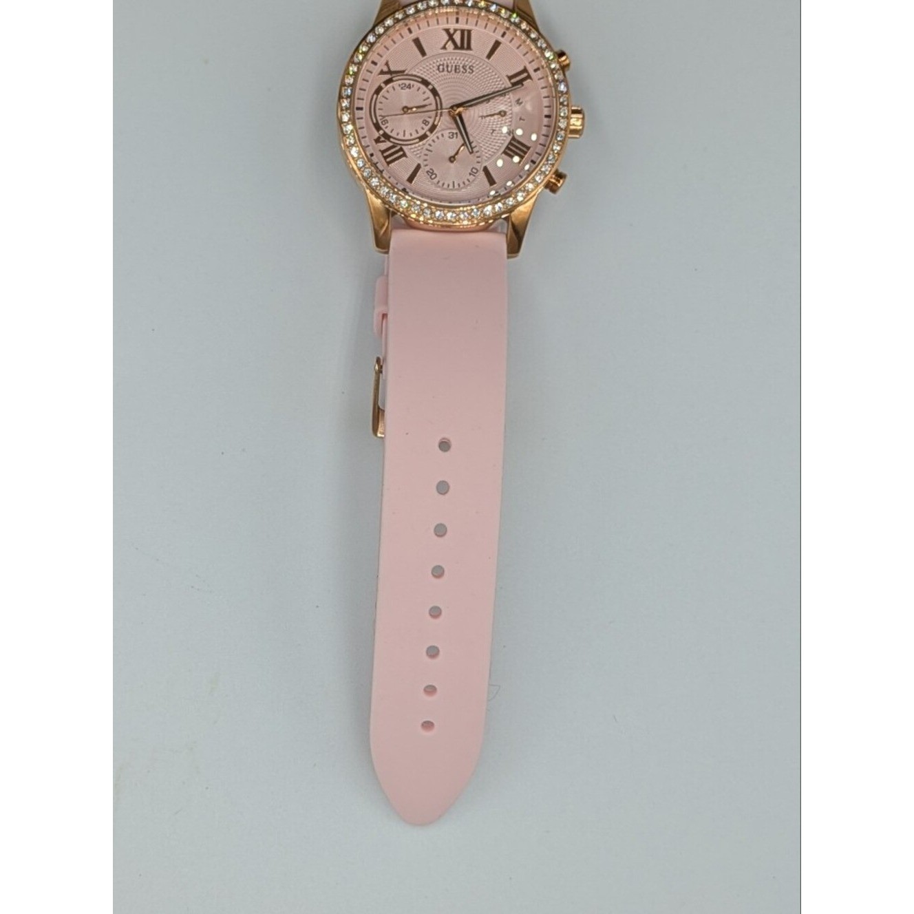 Guess Women’s Watch Solar Rose Gold Pink Dial Rhinestone Bezel U115L32