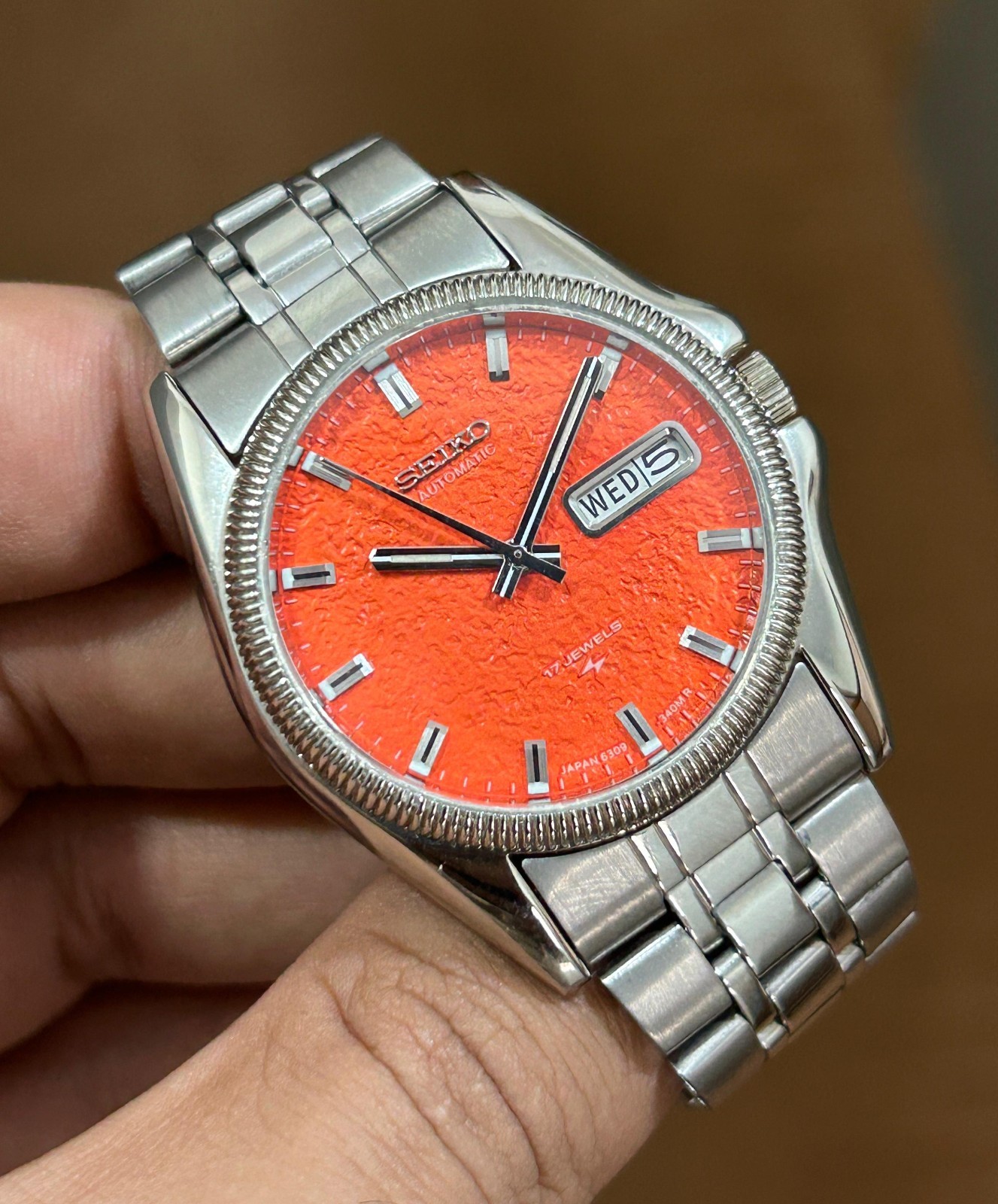 Seiko 5 Automatic Orange Red Dial Mens Watch Japan Made 6309