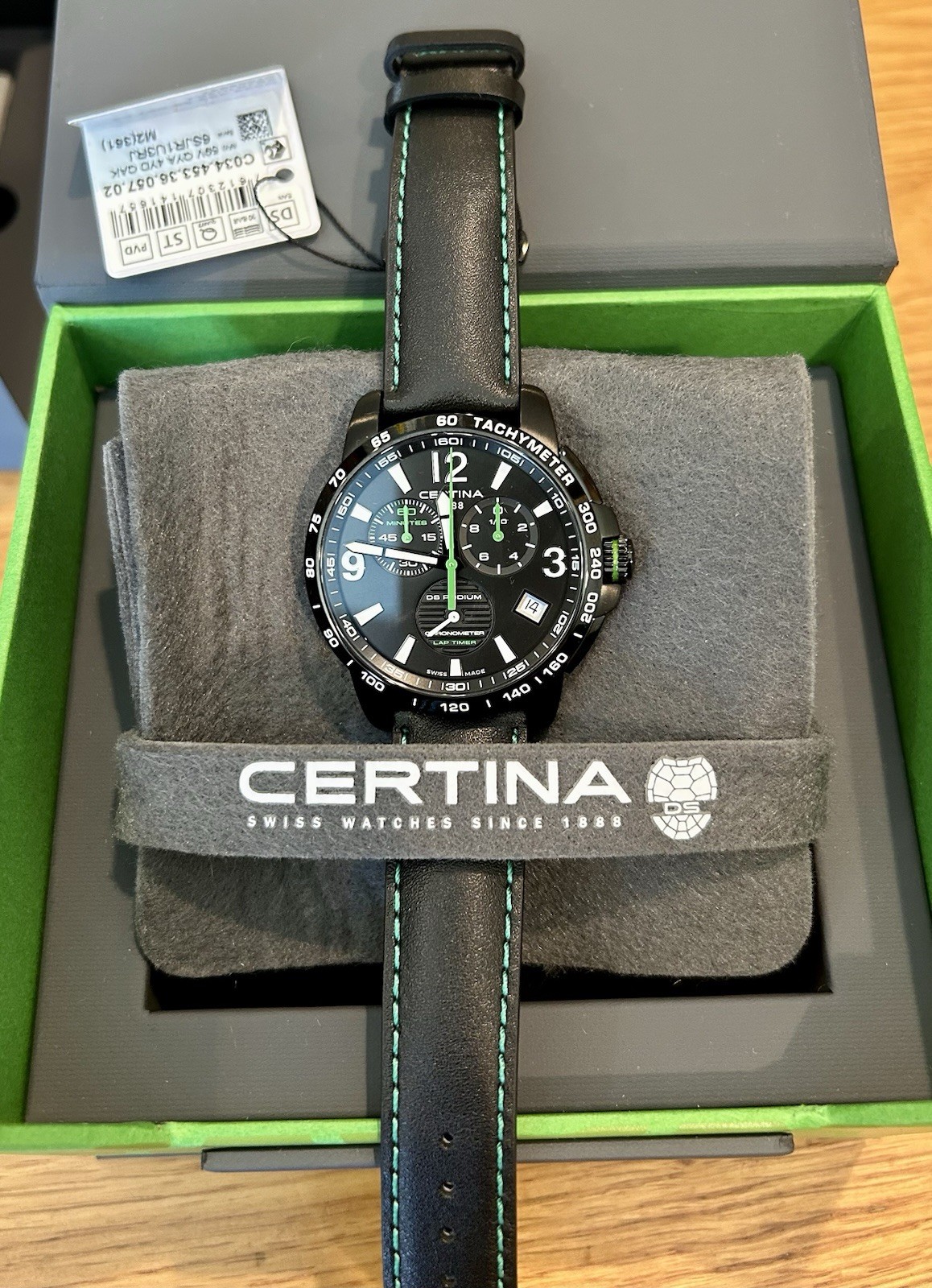 Certina DS Podium Quartz Chronograph 42mm Tachymeter Black Dial Leather Strap