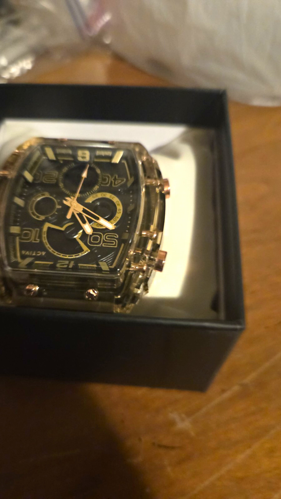 ACTIVA ACW8109 Tonneau Quartz Analog Watch Black/Gold Dial Gray Rubber Box