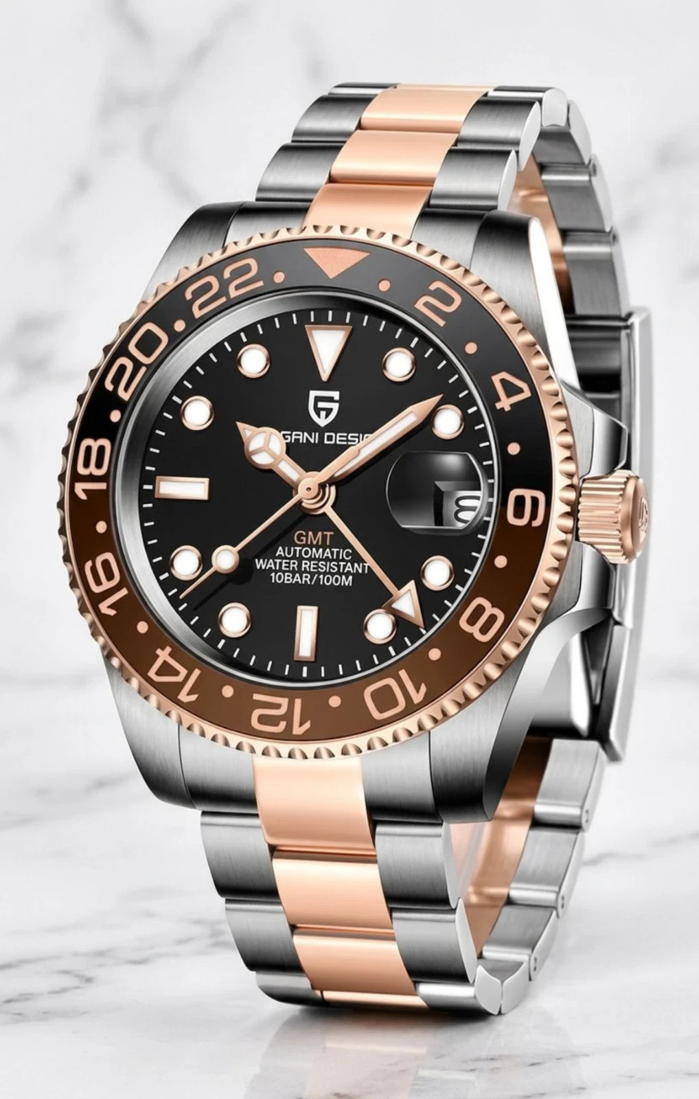 Men’s 40mm Waterproof Divers Watch Black Dial Brown RootBeer Bezel Wristwatch