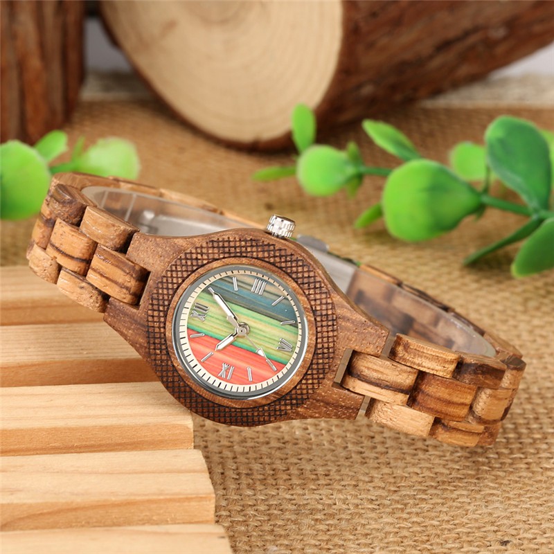Mutil Color Dial Natural Wood Watch Folding Clasp Wristwatch Gift Idea For Women