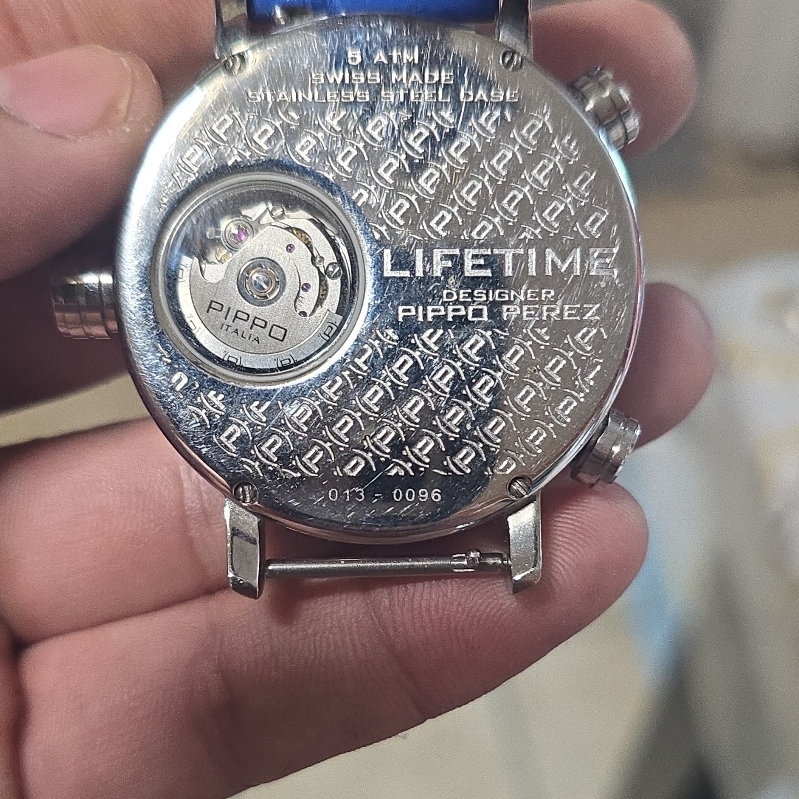 Pippo Lifetime Automatic Analog Watch 50m Silver Steel Blue Leather Strap