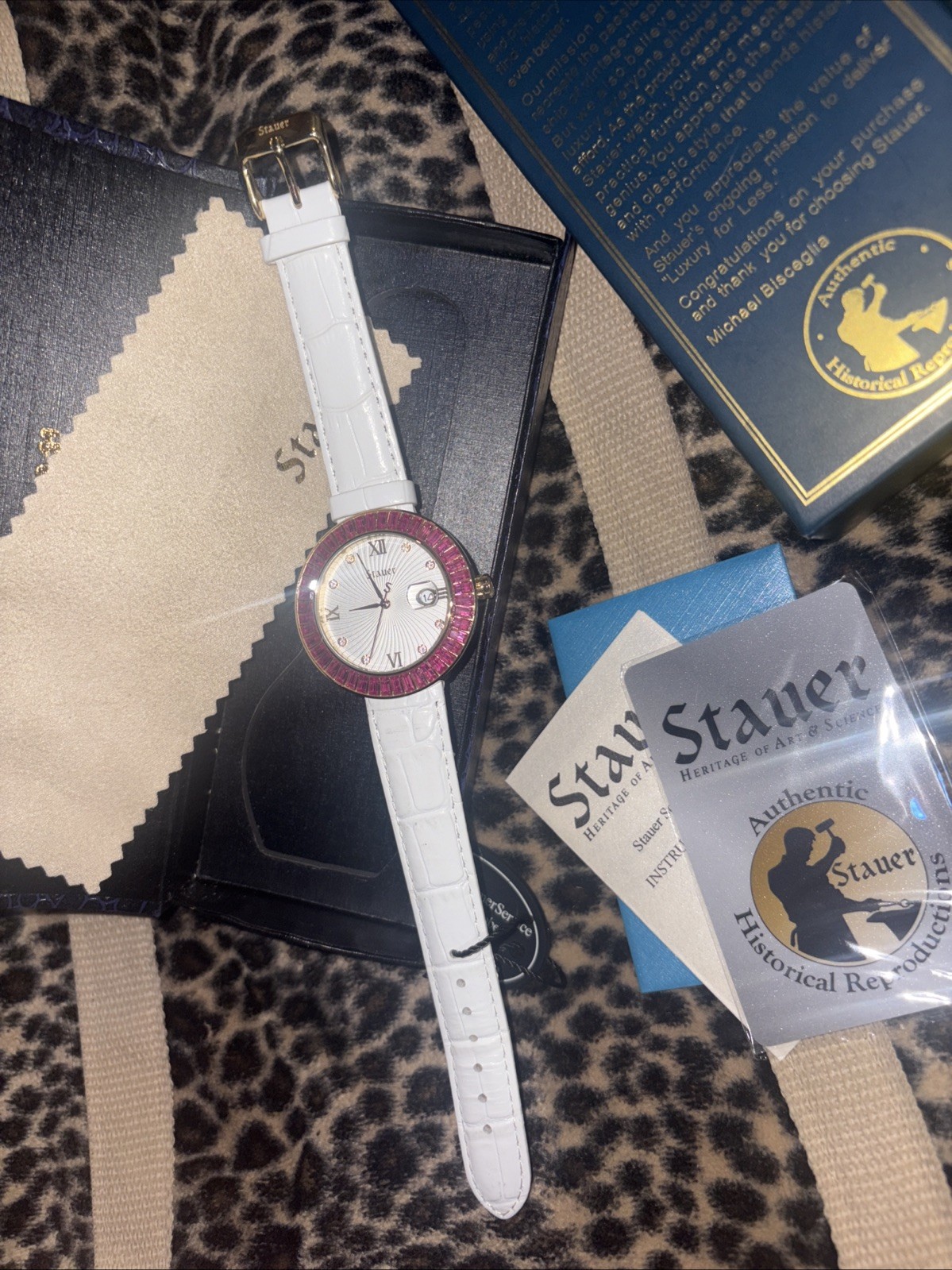 Stauer NWOT Ruby Diamond Aura Goldtone Watch w/Date in Display Box 22774