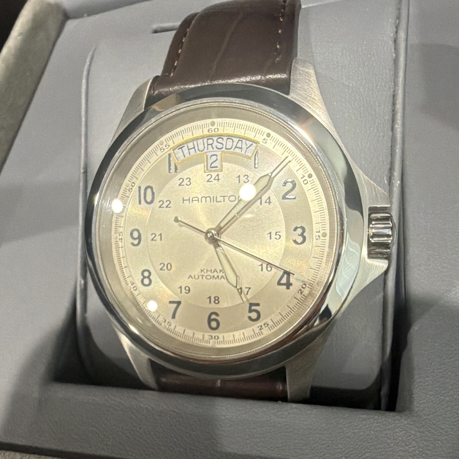 Hamilton Khaki Automatic Day-Date 40mm Silver Dial Brown Leather Strap Box