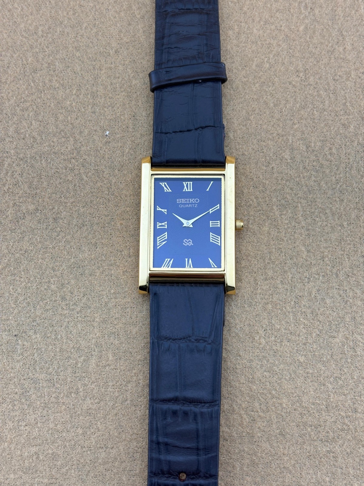RARE GOLD BLUE Vintage Seiko Slim Quartz Men’s Wristwatch-dark brown strap