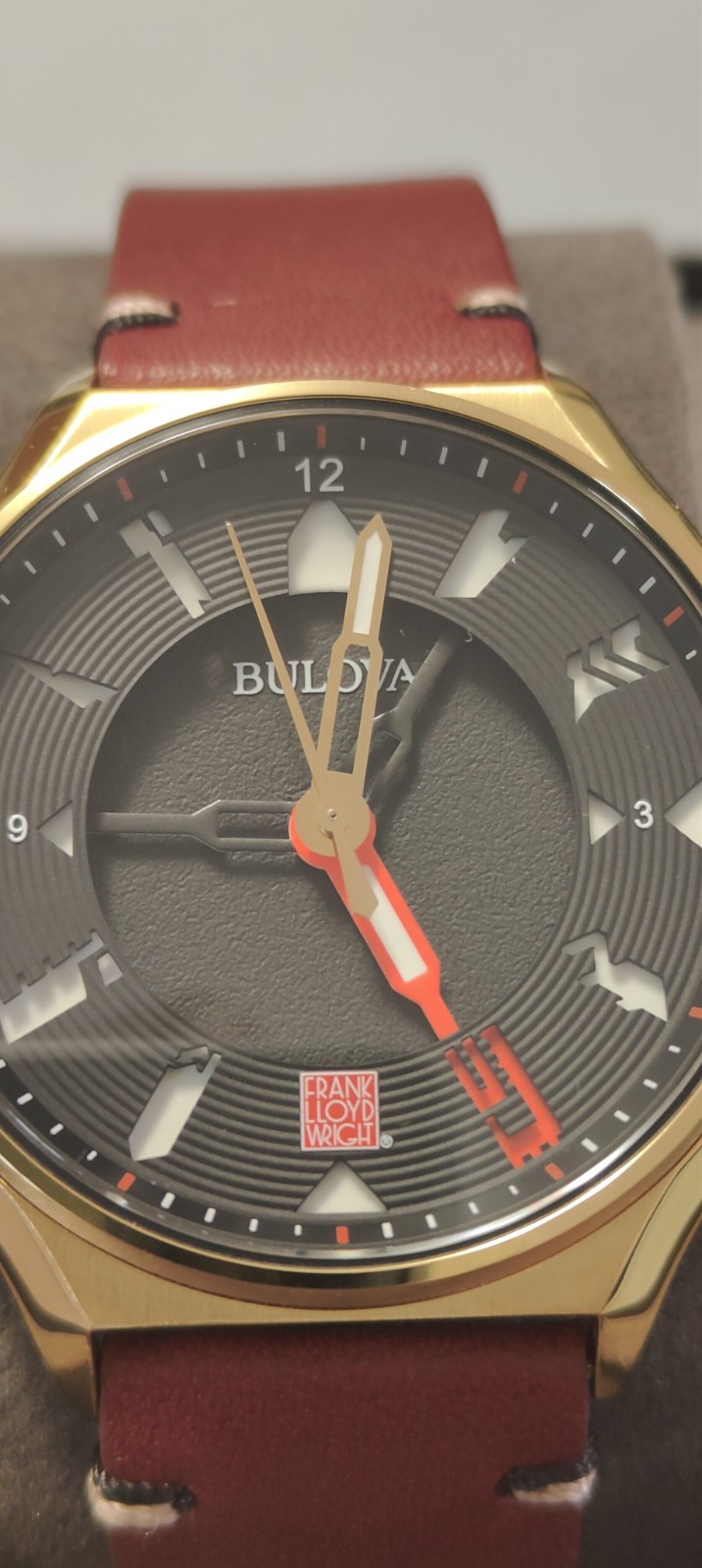 BULOVA 40mm MEN’S PERFORATED PANELS FRANK LLOYD WRIGHT BURGUNDY LEATHER 97A192